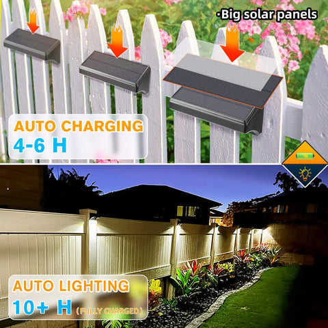 Solar Fence Lights 4 Pack Plus 100 Lumen Outdoor Solar Light IP65 Waterproof mounted on white garden fence with auto charging.