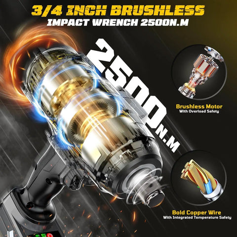 Cordless Impact Wrench Three Quarter Inch Brushless High Torque Bare Tool For Beefed Up Heavy Duty Automotive Use Delivers 1850 Ft Lbs 2500 Nm Of Torque 20V Battery Compatible Take Anywhere Power No Battery Included