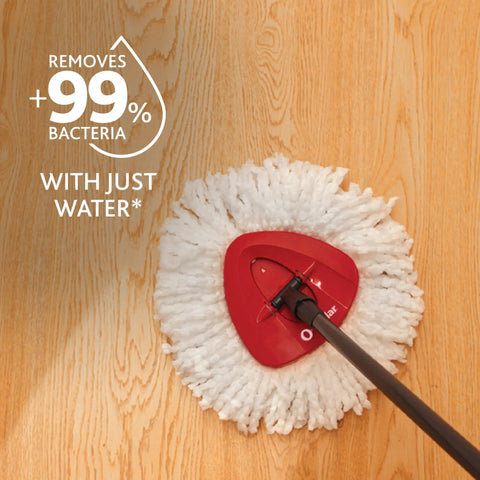 Heavy Hitter Microfiber Spin Mop And Bucket Set Including Three Extra Washable Replacement Pads For Fast Dirt Trapping And No Sweat Floor Mopping Quick Dry Finish On Hardwood on wooden floor.
