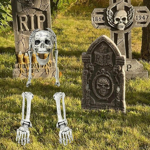 Halloween Skeleton Stakes Pack Of 5 Realistic Skull Arm And Leg Yard Props for outdoor lawn with tombstone backdrop