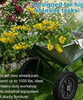 Heavy Duty 2 Pack 12 Inch Flat Free Solid Rubber Wheels 3 4 Inch Swivel Casters Built Like A Tank 1000 Lb Load Capacity in a wheelbarrow with flowers.