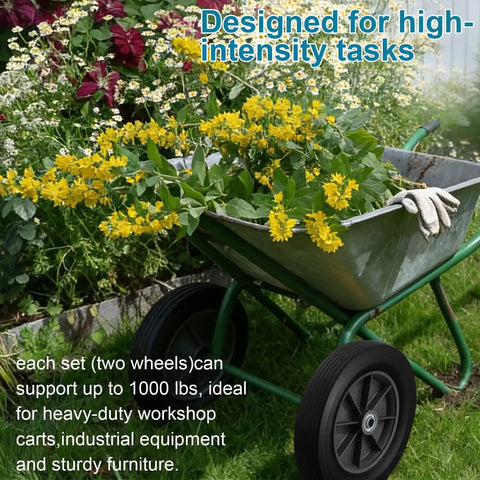 Heavy Duty 2 Pack 12 Inch Flat Free Solid Rubber Wheels 3 4 Inch Swivel Casters Built Like A Tank 1000 Lb Load Capacity in a wheelbarrow with flowers.