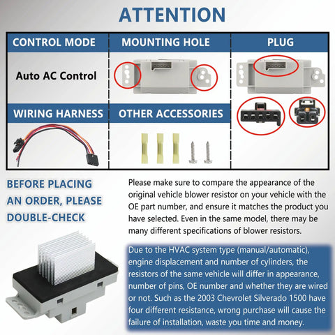 Blower Motor Resistor Kit With Wiring Harness For Chevy GMC Rides, features parts and installation instructions