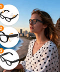 Side Shield Safety Glasses Guards For Ray Ban Meta Wayfarer Skyler Headliner And Oakley Meta HSTN on woman at beach