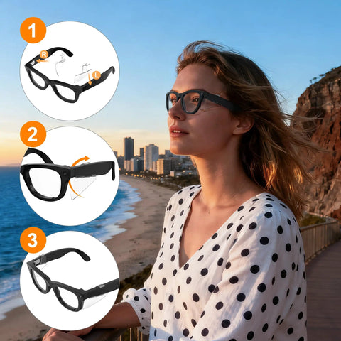 Side Shield Safety Glasses Guards For Ray Ban Meta Wayfarer Skyler Headliner And Oakley Meta HSTN on woman at beach
