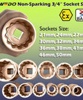 Heavy Duty Badass Non Sparking Beryllium Copper 3/4 Inch Drive Socket Set sizes 21mm to 50mm displayed with hand