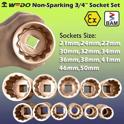 Heavy Duty Badass Non Sparking Beryllium Copper 3/4 Inch Drive Socket Set sizes 21mm to 50mm displayed with hand