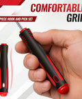 4 Piece Hook and Pick Set for O Ring, Seal and Gasket Removal with Slim Tips and Non Slip Grips for Tight Automotive Spaces An Essential Tool for Automotive Enthusiasts and DIYers Who Need to Grab Hard to Reach O Rings and Seals. black-red non-slip handle shown in hand