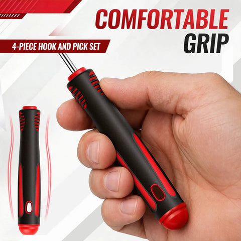 4 Piece Hook and Pick Set for O Ring, Seal and Gasket Removal with Slim Tips and Non Slip Grips for Tight Automotive Spaces An Essential Tool for Automotive Enthusiasts and DIYers Who Need to Grab Hard to Reach O Rings and Seals. black-red non-slip handle shown in hand