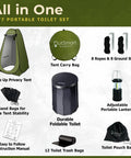 All In One Portable Outdoor Toilet Kit For Camping And RV Travel With Privacy Tent Folding XL Toilet Seat Carry Bags LED Lantern Ropes And Stakes No Fuss Outdoor Setup Ready For Any Camp complete set