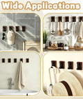 Heavy Duty Eight Piece Walnut Wood Wall Hooks Featuring Thickened Aluminum Support With Upward Non Slip Bend used for hats and kitchen utensils.