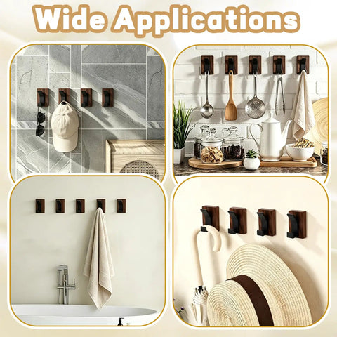 Heavy Duty Eight Piece Walnut Wood Wall Hooks Featuring Thickened Aluminum Support With Upward Non Slip Bend used for hats and kitchen utensils.