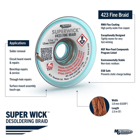423 Desoldering Braid Fine Solder Wick Super Wick with RMA Flux for Precision Solder Removal, 5 Feet Long, 0.025 Inch Width, White
