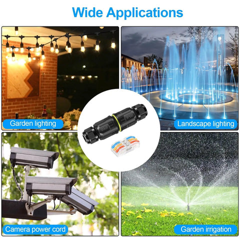 Image showcasing outdoor applications of Six Pack IP68 Waterproof Junction Boxes With 3 In 3 Out Lever Wire Connectors for lighting and irrigation.