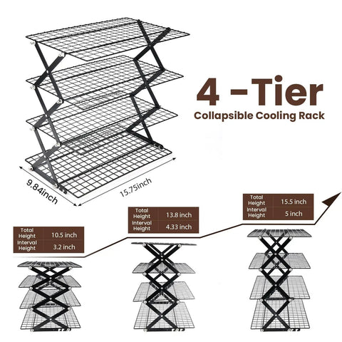 Game-Changing 4-Tier Collapsible Cooling Rack for Baking with dimensions and folding grid design for space-saving kitchen use