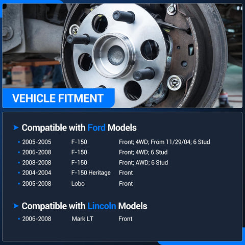 Beefy Front Wheel Bearing And Hub Assembly 515079 for Ford F150 4WD 2005-2008, Heritage 2004, with vehicle fitment chart shown
