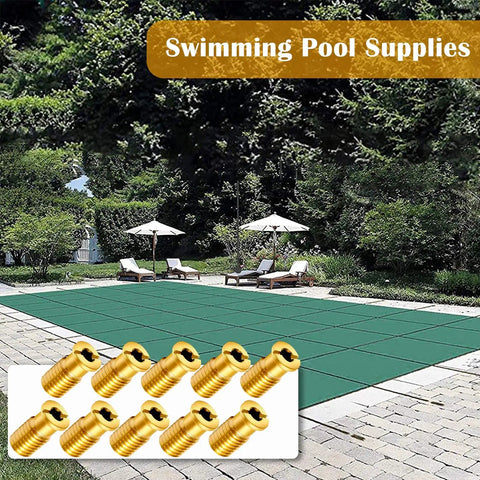 10 Piece Beefy Brass Pool Cover Anchors Screws Kit For Concrete Pools on solid green pool cover background