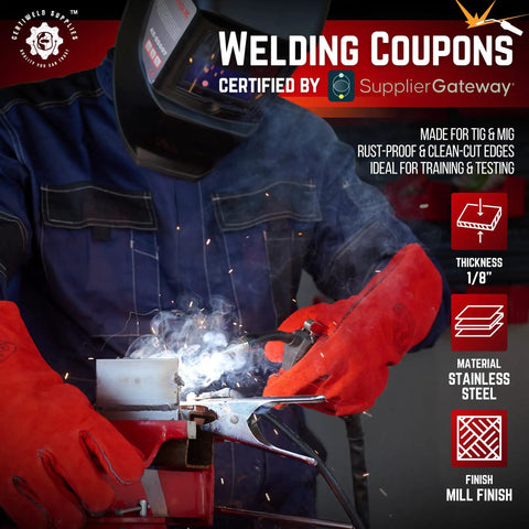 Welding Practice Kit With 304 Stainless Steel Coupons 2 By 4 By 1/8 Inch Pack Of 20 for MIG TIG MMA training, welder in protective gear.