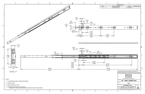 Blueprint dimensions of 28 Inch 100 Lb Full Extension Drawer Slides For Kitchen Cabinets And Desks, Ball Bearing Glide With 3 Stage Full Extension.