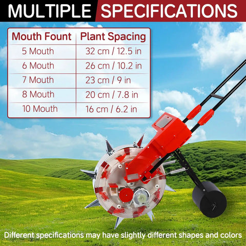 Image showing Hand Push Roller Seeder Manual Seeder Machine Walk Behind Row Crop Planter with multiple mouth and spacing options.