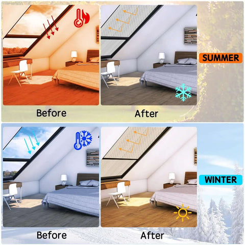 Before and after insulation: room with Double Reflective Bubble Insulation Roll For Windows And Roofs Aluminum Foil Radiant Barrier Shield.