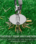 Front view of a 2.36-inch circular fishing magnet with nail-edged rim, hanging chain, on grass.