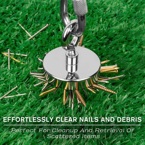 Front view of a 2.36-inch circular fishing magnet with nail-edged rim, hanging chain, on grass.