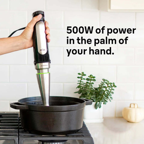 Badass 3-In-1 Hand Blender And Food Processor Featuring Intuitive Smart Speed Tech for effortless mixing in a black pot.
