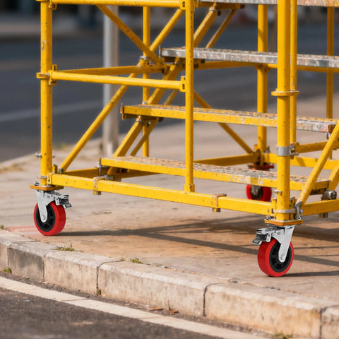 Tough As Nails 6 Inch Scaffolding Caster Wheels With Reliable Brake And Easy Adjustable Leveling Jacks on yellow scaffold.
