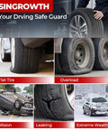 Image showing various tire issues: flat tire, overload, collision, leaking, and extreme weather conditions.
