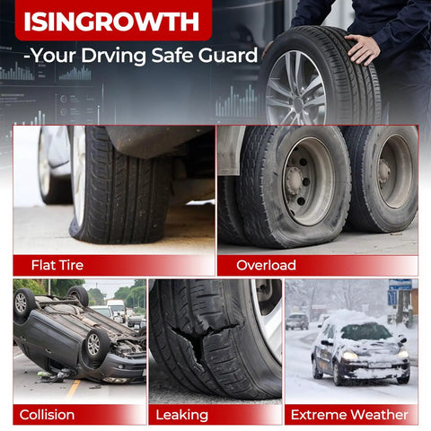 Image showing various tire issues: flat tire, overload, collision, leaking, and extreme weather conditions.