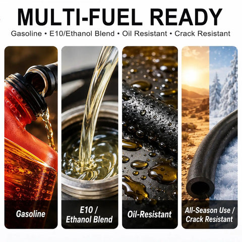 1/4 Inch Fuel Line Hose Kit With Clamps, Valve And Filters For Mowers, Tractors, AtVs, Snowblowers And Dirt Bikes, Universal Fit Rubber Tube 6.56 Ft Long To Kill That Leak And Keep Y Our Ride Smoothing Smooth. multi-fuel ready rubber hose for gasoline, E10 ethanol blend, oil-resistant and crack-resistant use