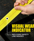 Close-up of yellow 2 Inch By 10 Foot Heavy Duty Lift Sling Web Strap With Wear Guard End showing visual wear indicator