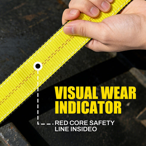 Close-up of yellow 2 Inch By 10 Foot Heavy Duty Lift Sling Web Strap With Wear Guard End showing visual wear indicator