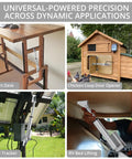 Collage showing 12V Beefed Up Heavy Duty Linear Actuator 225 Lbs 1000 N 6 Inch Silent IP65 with brackets in various applications like desks, chicken coops, solar trackers, and RV beds.