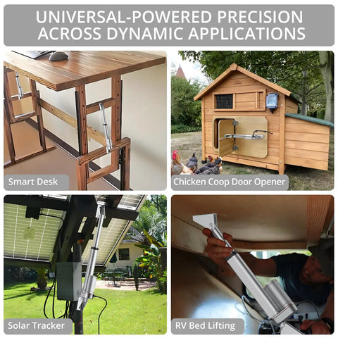 Collage showing 12V Beefed Up Heavy Duty Linear Actuator 225 Lbs 1000 N 6 Inch Silent IP65 with brackets in various applications like desks, chicken coops, solar trackers, and RV beds.
