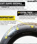 Close-up of a Rainier ST tire illustrating scuff guard sidewall and extra-thick rubber features for protection.