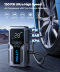 150 PSI air compressor inflating car tire, LCD display pressure readings; Jump Starter With Air Compressor 4000A Peak Portable Car Battery Booster 150 PSI Tire Inflator 18W Fast Charge Emergency Light 12V Jump Box For 8.5L Gas And 6.5L Diesel Engines Includes Storage Case.