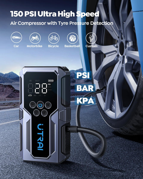 150 PSI air compressor inflating car tire, LCD display pressure readings; Jump Starter With Air Compressor 4000A Peak Portable Car Battery Booster 150 PSI Tire Inflator 18W Fast Charge Emergency Light 12V Jump Box For 8.5L Gas And 6.5L Diesel Engines Includes Storage Case.