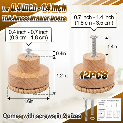 Boho Wood Dresser Drawer Knobs Set Handmade Rattan Woven Cabinet Pulls 12 Pack With 24 Screws showing two knob sizes and screw lengths.