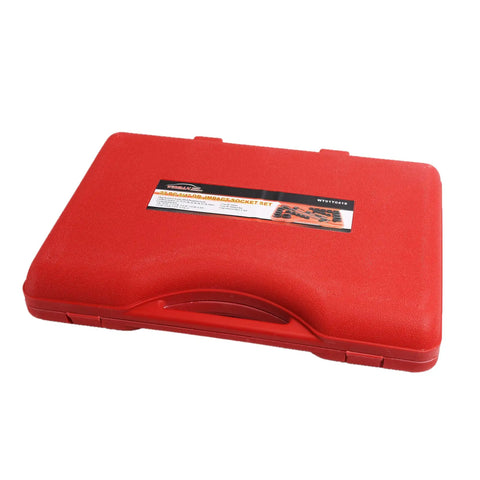 Red carrying case for 27 Piece Impact Socket Set With Three Quarter Inch Drive Includes Metric And SAE Sockets, Drop Forged Cr-V Steel