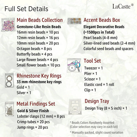 Image showing contents of Stellar Beading Designer Kit For Beginners, including bead types, tools, and accessories details.