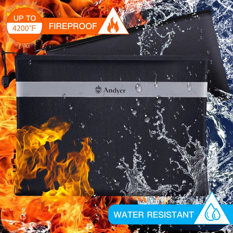 Bombproof Fireproof Document And Money Bag Set, Waterproof Safe Pouch With Zipper showing fire and water resistance features.