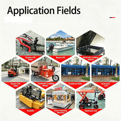 Application fields showcasing Rugged Electric Hydraulic Cylinder Linear Actuator uses in various machinery and equipment like lifts and loaders.