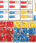 Assorted 330 Piece Crimp Connector Kit with 2.8mm, 4.8mm, and 6.3mm spade terminals and connectors in red, blue, yellow.