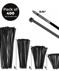 Assorted Black Zip Ties 4, 6, 8, 12 Inches Pack Of 400 Self Locking Nylon Cable Ties 40 Lbs Tensile Strength Indoor Outdoor Use Premium Quality Wire Tie Set with measurements