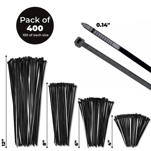 Assorted Black Zip Ties 4, 6, 8, 12 Inches Pack Of 400 Self Locking Nylon Cable Ties 40 Lbs Tensile Strength Indoor Outdoor Use Premium Quality Wire Tie Set with measurements