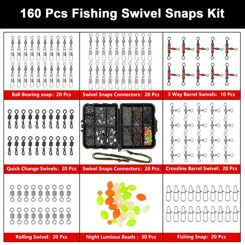 160 Piece Fishing Swivel Snaps Kit with Barrel Snaps, Ball Bearing Swivels, Clips and Glow Beads for Saltwater and Freshwater Tackle, Go To Rig Making Set for Serious Anglers, assorted parts