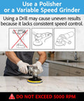 Person using Pro Grade 4 Inch Diamond Polishing Pads Set with a variable speed grinder on countertop, caution notice displayed.