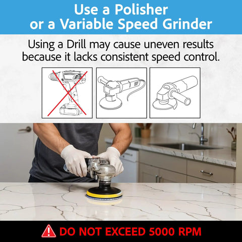 Person using Pro Grade 4 Inch Diamond Polishing Pads Set with a variable speed grinder on countertop, caution notice displayed.